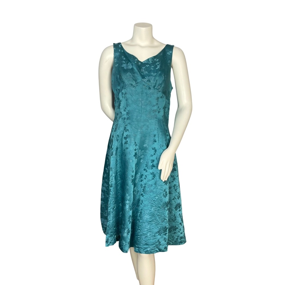 Vintage Handmade Dress Floral Satin Jacquard FLAWS Wounded Bird Handmade Teal
